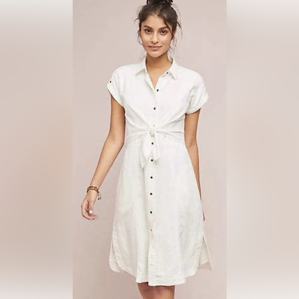 Maeve by Anthropologie White Linen Blend Tie-Front Shirt Dress Resortwear, 2
